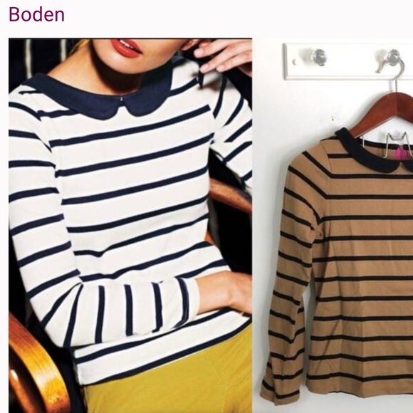 Boden Tops - Boden Women’s Longsleeve Brown/Pink Stripe Peter Pan Collar Knit Top 8 EUC